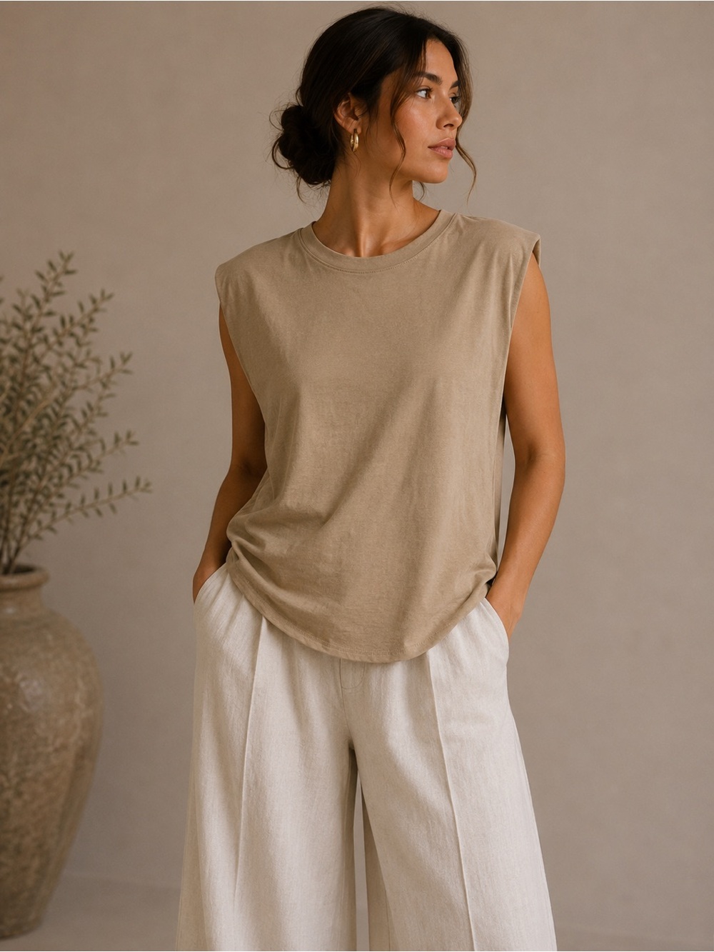 Babaton Aritzia Beige Cotton Muscle Tank Top Small Neutral Basic Tee Size Small